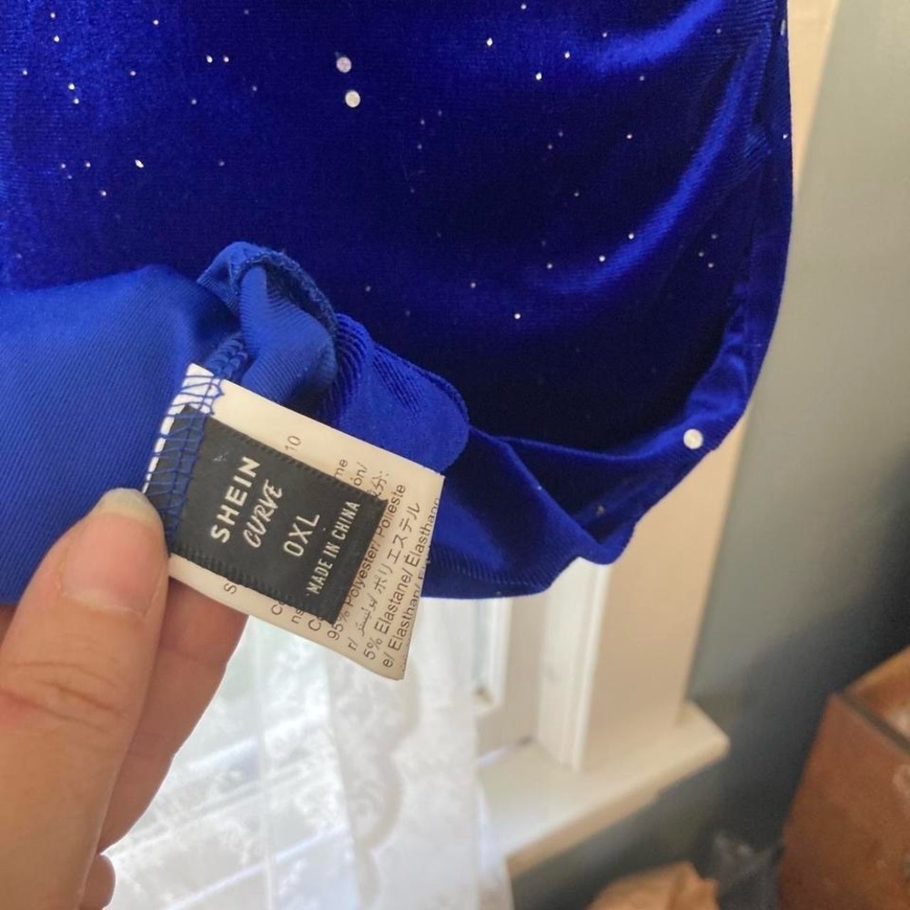 Royal Blue One-Shoulder Sparkly Velour Dress 0XL - Picture 3 of 4